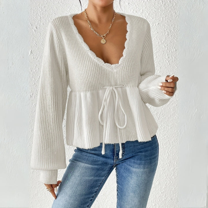 Damenpullover mit V-Ausschnitt und Bindeband an der Taille