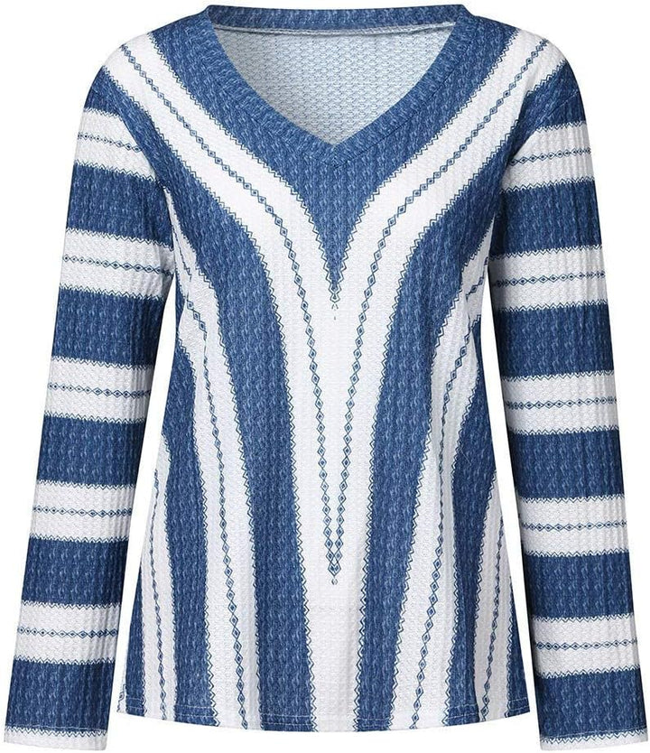 Damenpullover mit V-Ausschnitt und gestreiften Ärmeln