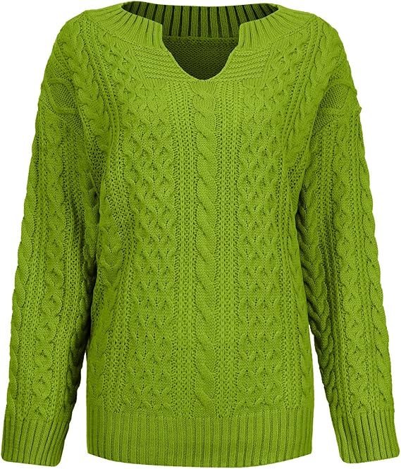 Damenpullover mit Zopfstrick V-Ausschnitt und breiten Rippbündchen