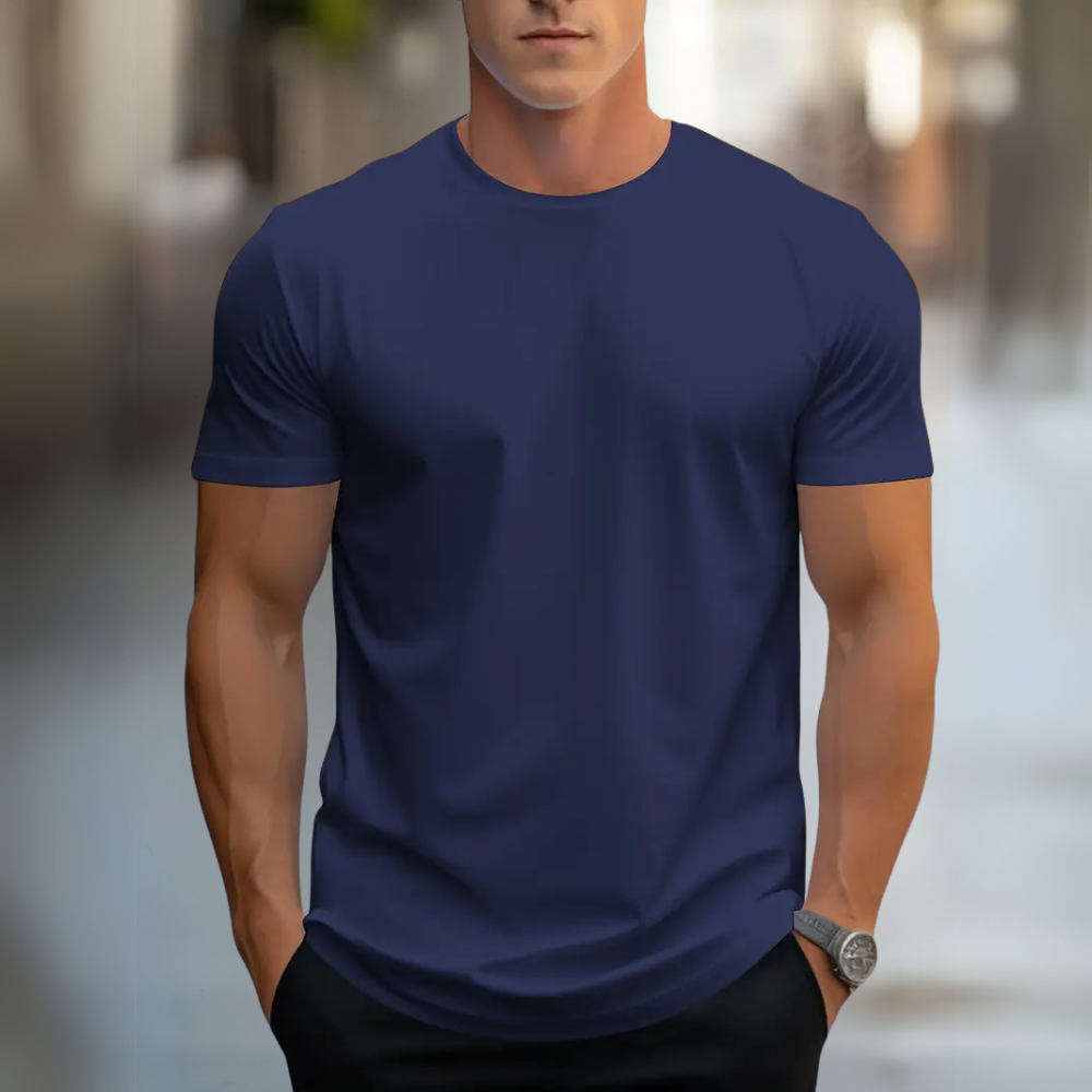 Blaues atmungsaktives Herren Rundhals T Shirt ideal für sportliche und alltägliche Looks