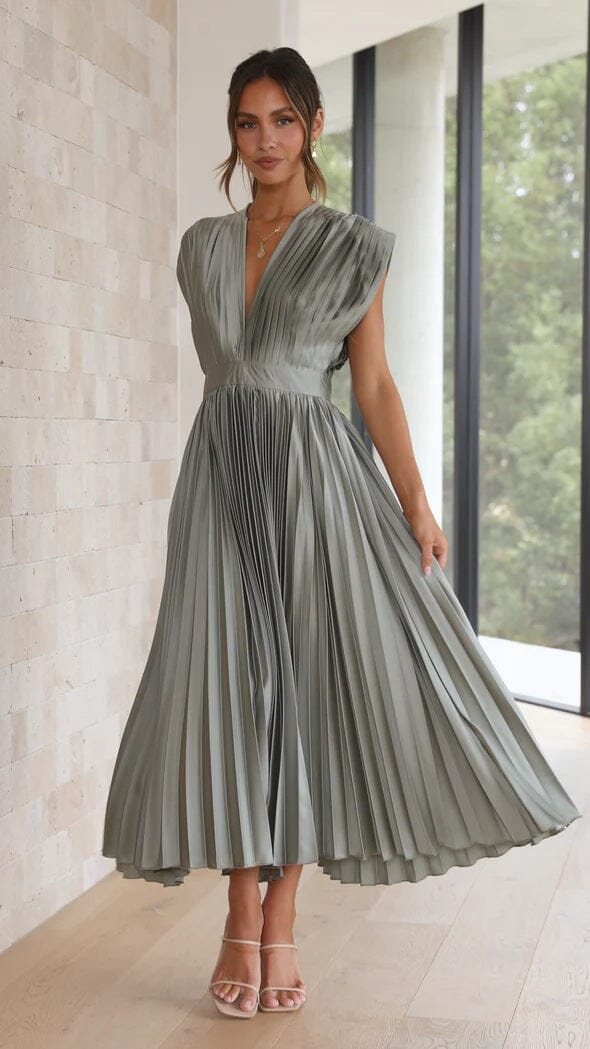 Diala schmeichelhaftes elegantes Midi-Kleid für Damen in Grau, kombiniert Eleganz und Komfort und ist eine perfekte, vielseitige Ergänzung für jede Garderobe