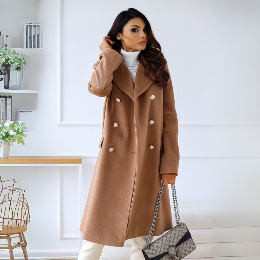 Mantel für Damen mit zweireihigen Schnitt, den glänzenden Goldknöpfen und eleganten Klappentaschen