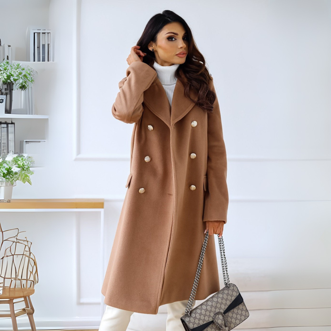 Mantel für Damen mit zweireihigen Schnitt, den glänzenden Goldknöpfen und eleganten Klappentaschen