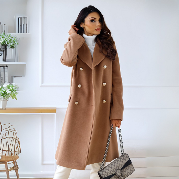 Mantel für Damen mit zweireihigen Schnitt, den glänzenden Goldknöpfen und eleganten Klappentaschen