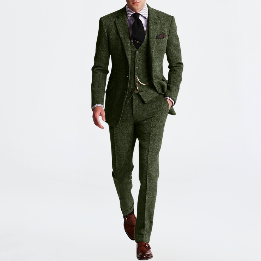 Dreiteiliges Anzug-Set für Herren in Grün modernes Herrenset mit edler Farbe und eleganter Silhouette