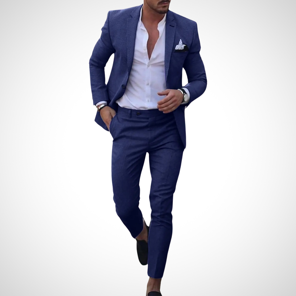 Dunkelblaues herrenset im eleganten Stil als Hochzeitsgaste Knitterfreies Blazer-Set für Herren
