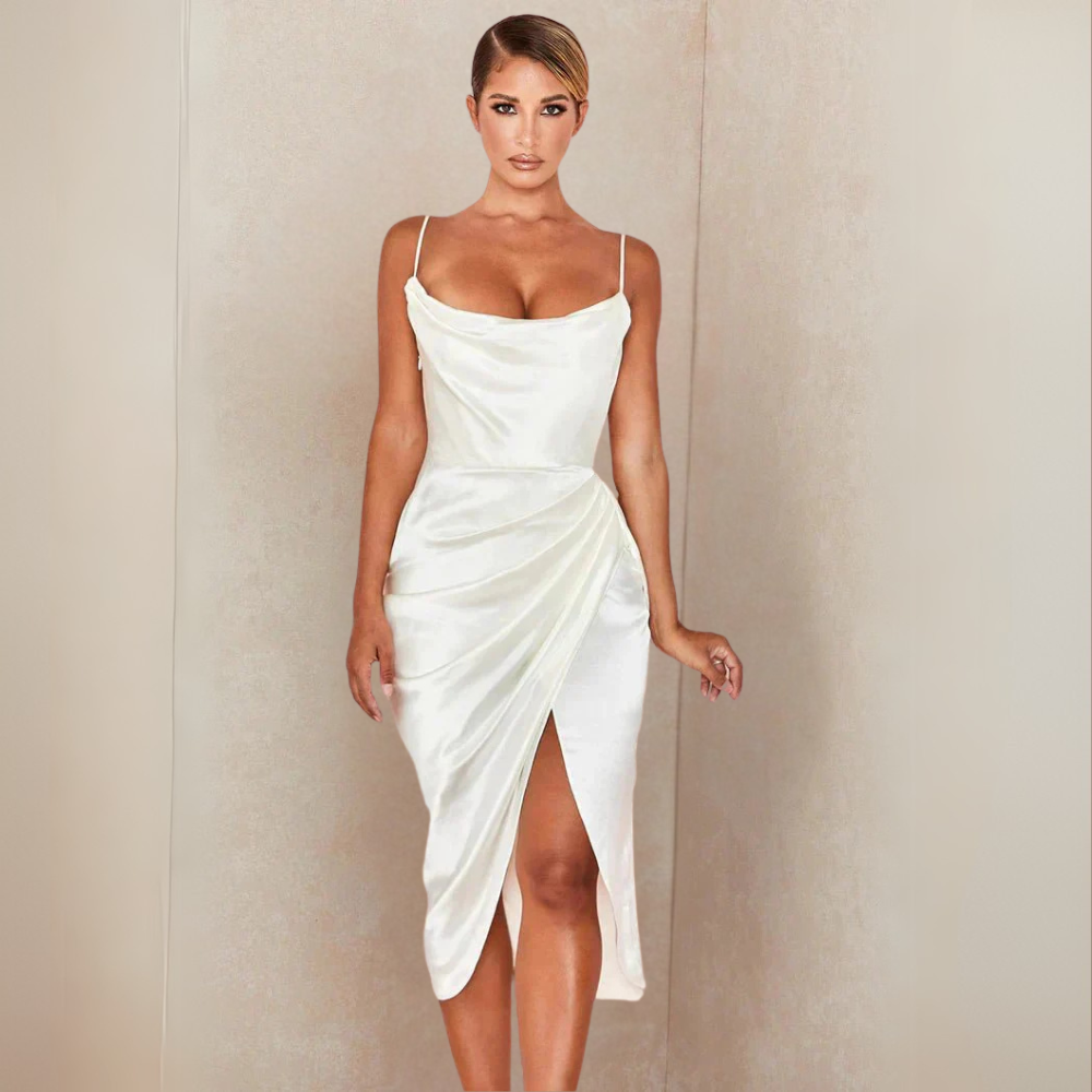 Eisa Luxe Seiden-midikleid für Damen in Weiß mit Korsett, kombiniert luxuriösen Seidenstoff mit einem schmeichelhaften Korsett-Design für einen schicken und raffinierten Look.