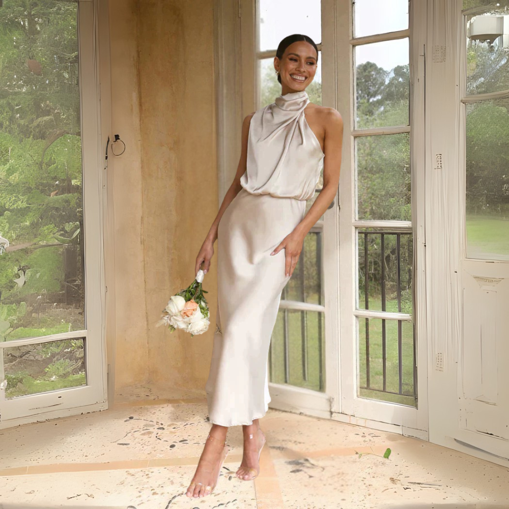 Elaria langes Glitzer-Kleid für Damen in Champagner, mit einem glamourösen Design und funkelnden Details