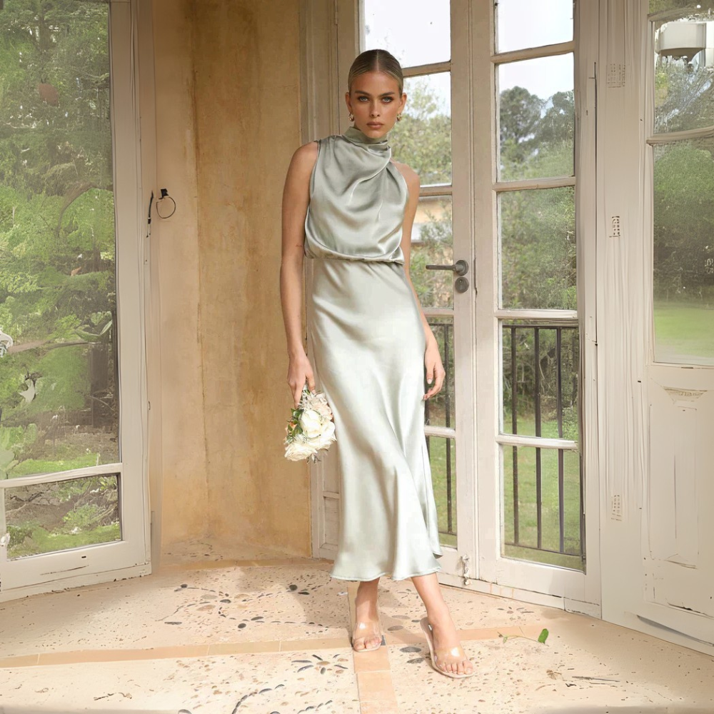 Elaria langes Glitzer-Kleid für Damen in Grün, kombiniert ein atemberaubendes Glitzer-Design mit einer eleganten Silhouette