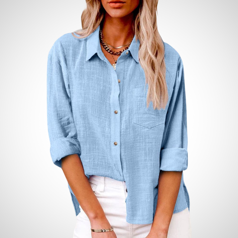 Elegante Leinenbluse für Damen in Hellblau atmungsaktiv mit Knopfleiste Damenoberteil