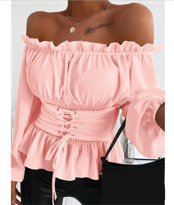 Elegante Schulterfrei Bluse für Damen in Hellrosa – romantisches Damenoberteil mit schulterfreiem Design.