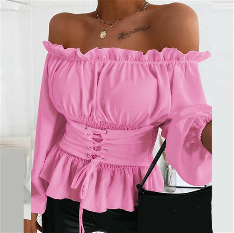 Elegante Schulterfrei Bluse für Damen in Rosa – feminines Damenoberteil mit fließendem Design und Stil.