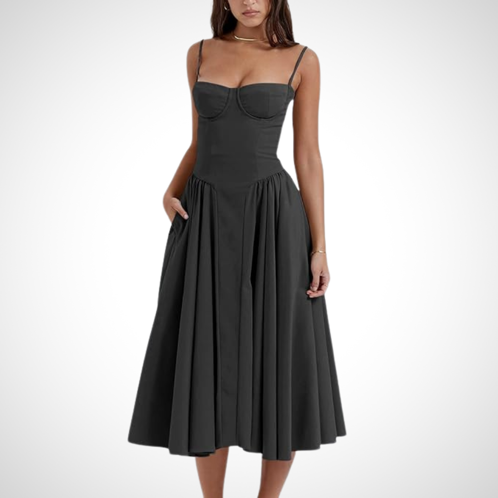 Elegantes Midikleid mit Korsett und Spaghettiträgern für Frauen in Schwarz