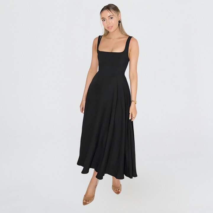 Schwarzes Damen-Midikleid mit quadratischem Ausschnitt – stilvolles Midikleid für Damen mit eleganter Taille