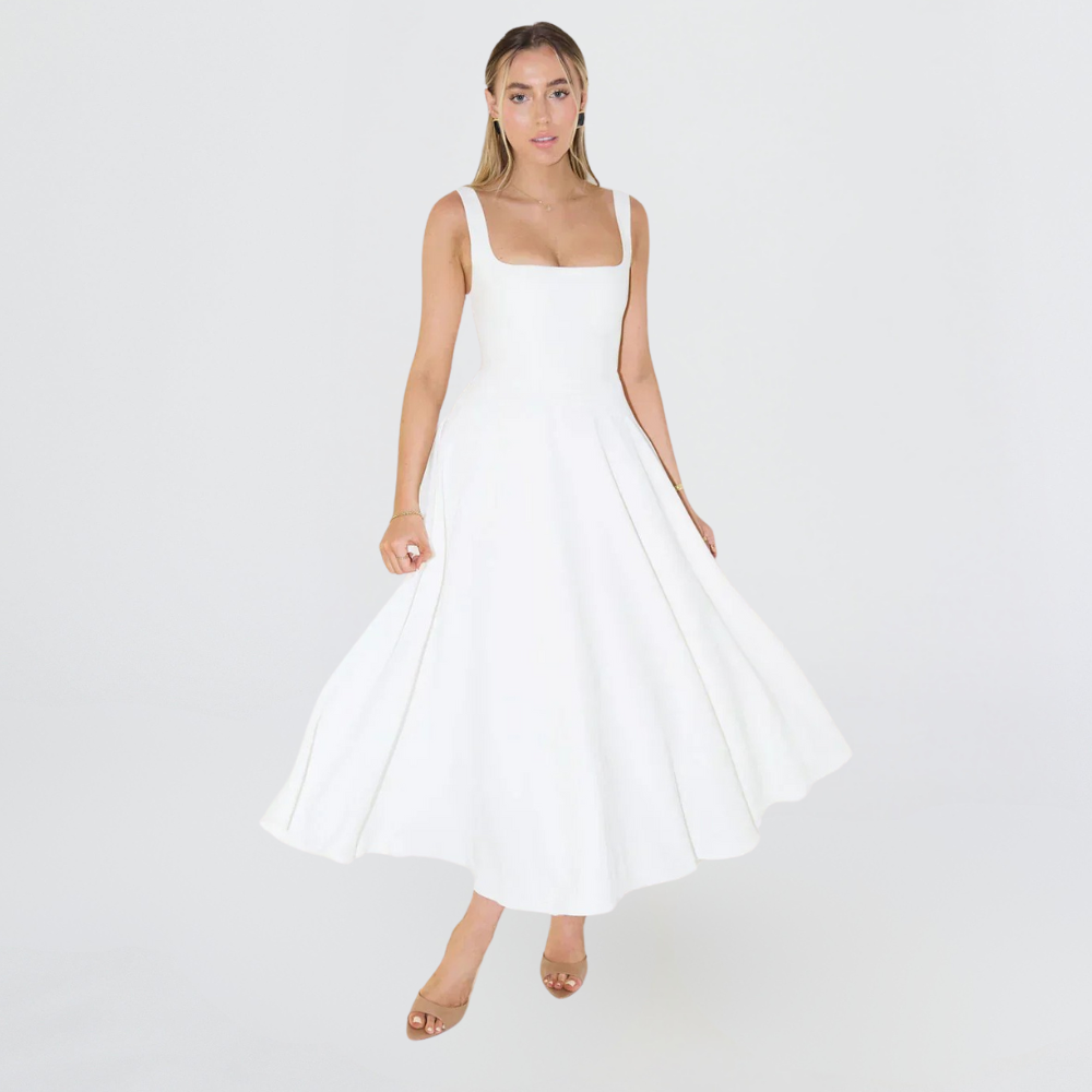 Weißes Damen-Midikleid mit weichem Fall und klassischem Schnitt – elegantes Midikleid für Damen für besondere Anlässe