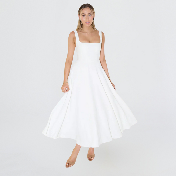 Weißes Damen-Midikleid mit weichem Fall und klassischem Schnitt – elegantes Midikleid für Damen für besondere Anlässe