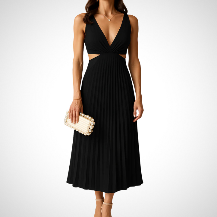 Elegantes schwarzes Sommerkleid für Damen mit fließendem Faltenrock, ärmelloses Design, perfekte Passform für warme Tage