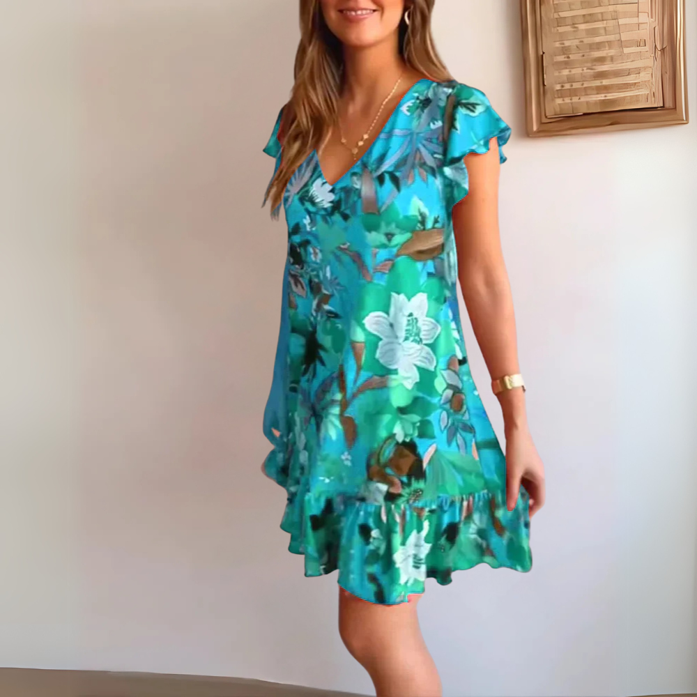 Eshana leichtes Sommerkleid für Damen in Blau, mit einem coolen und stilvollen Design, perfekt für Sommerurlaub und Strandtage.