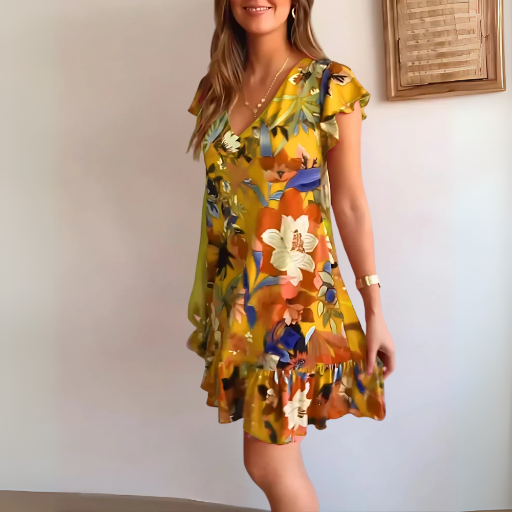 Eshana leichtes Sommerkleid für Damen in Gelb, mit einem fröhlichen und luftigen Design, ideal für Outdoor-Veranstaltungen und sonnige Tage.