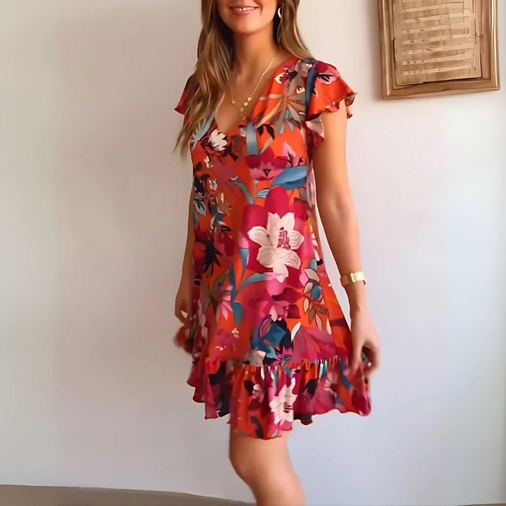 Eshana leichtes Sommerkleid für Damen in Rot, mit einem lebendigen und luftigen Design, ideal für warmes Wetter und legere Ausflüge.