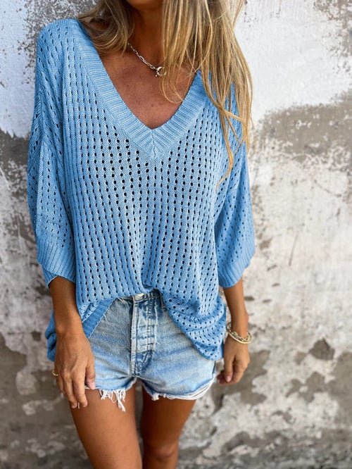 Ethel vielseitiges elegantes V-Ausschnitt Stricktop für Damen in Blau, entworfen für Komfort und Stil