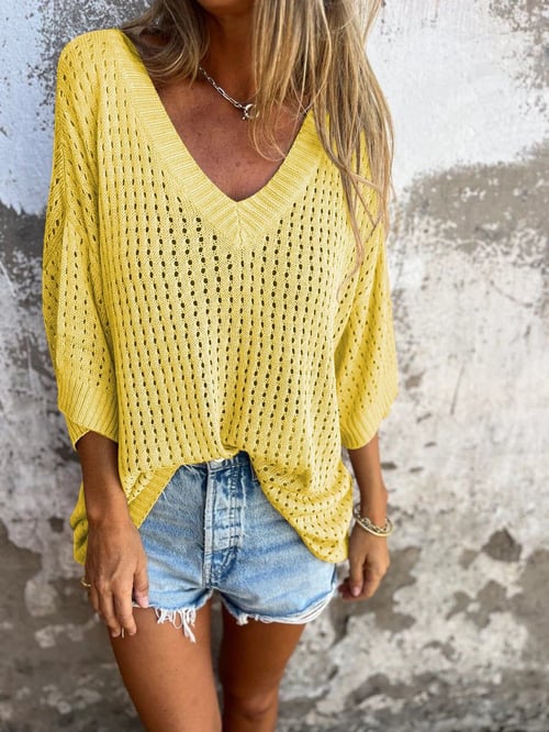 Ethel vielseitiges elegantes V-Ausschnitt Stricktop für Damen in Gelb, mit einem lebhaften Design