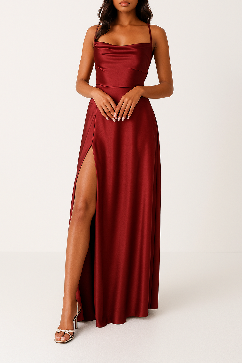 Rotes Maxikleid aus Seidenstoff mit Wasserfallausschnitt und Beinschlitz – stilvolle Wahl für feierliche Anlässe
