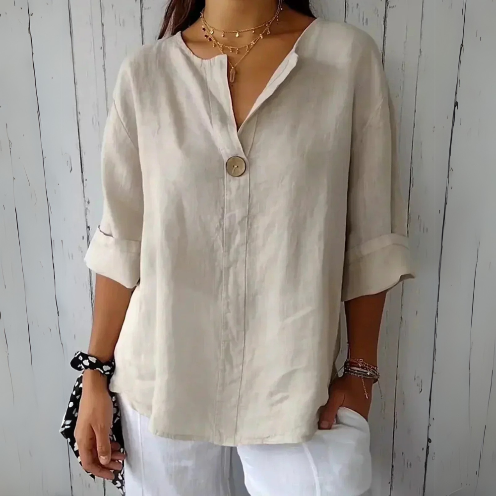 Fredrika beige elegante Leinenbluse für Damen, mit lockerer Passform und weichem, atmungsaktivem Leinenstoff