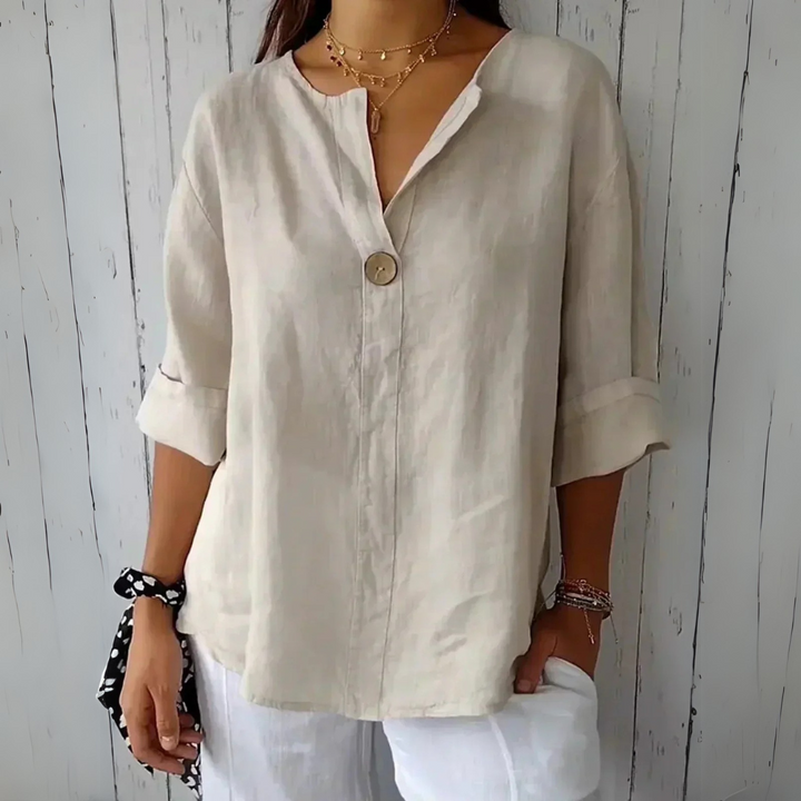 Fredrika beige elegante Leinenbluse für Damen, mit lockerer Passform und weichem, atmungsaktivem Leinenstoff