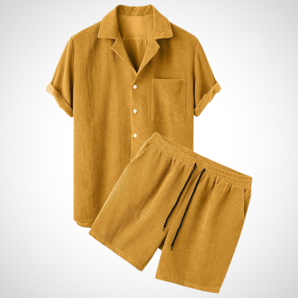 Gelbes Herrenset aus weichem Cordstoff auffälliges Retro Cordcord Zweiteiliges Set mit Charakter