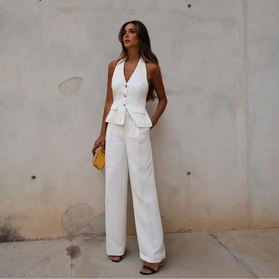 Geli elegantes Fashion Zwei-Teile Set für Damen in Weiß, mit einem stilvollen und schicken Design, perfekt für formelle Anlässe oder Abendveranstaltungen.

