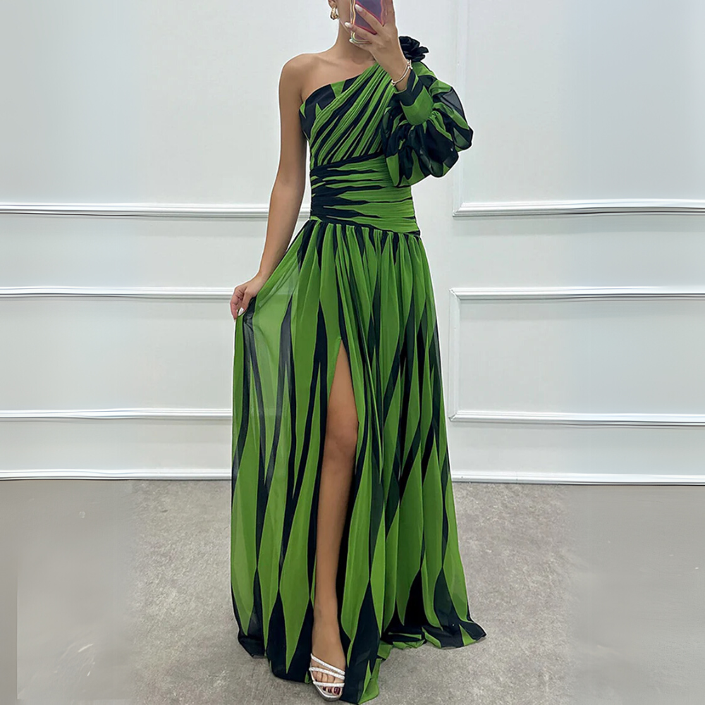 Elegantes gestreiftes Ein-Schulter-Maxikleid in Grün für Damen