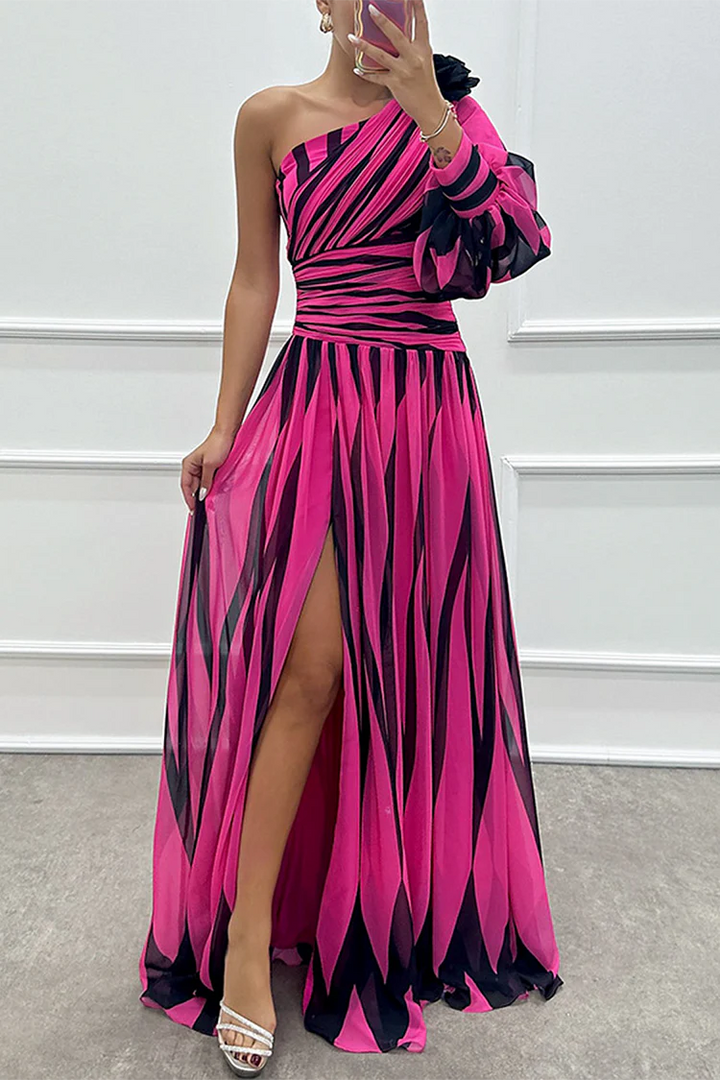 Elegantes gestreiftes Ein-Schulter-Maxikleid in Rosa für Damen