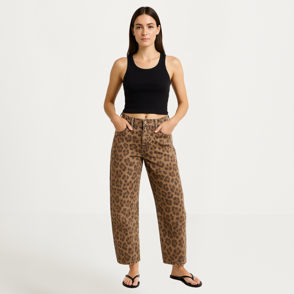 Geschnittene Barrel-Leg-Jeans für Damen im Leopardmuster auffälliger modischer Look Damenjeans