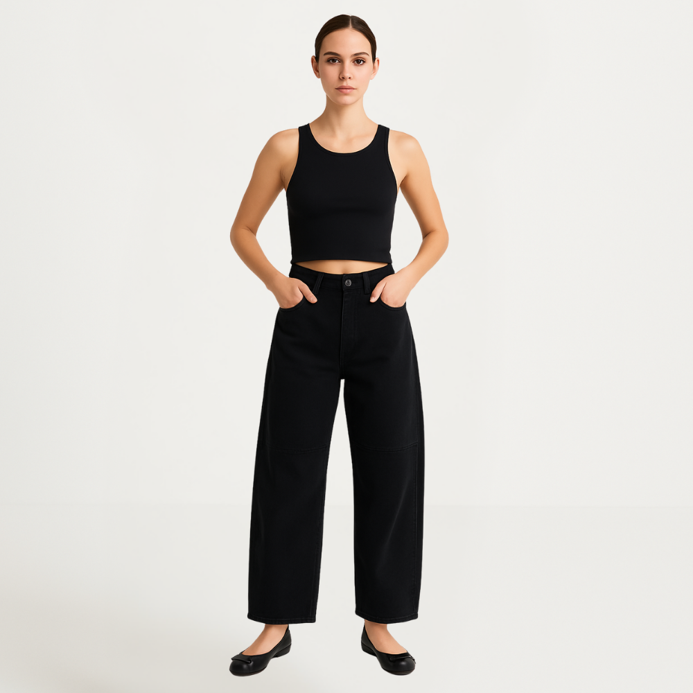Geschnittene Barrel-Leg-Jeans für Damen in Schwarz mit klarer Linie und vielseitigem Stil Damenjeans