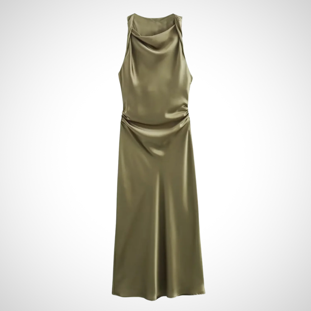 Damen--Midikleid in Armeegrün – Fließendes Satin-Midikleid mit ärmellosem Design und edler Ausstrahlung