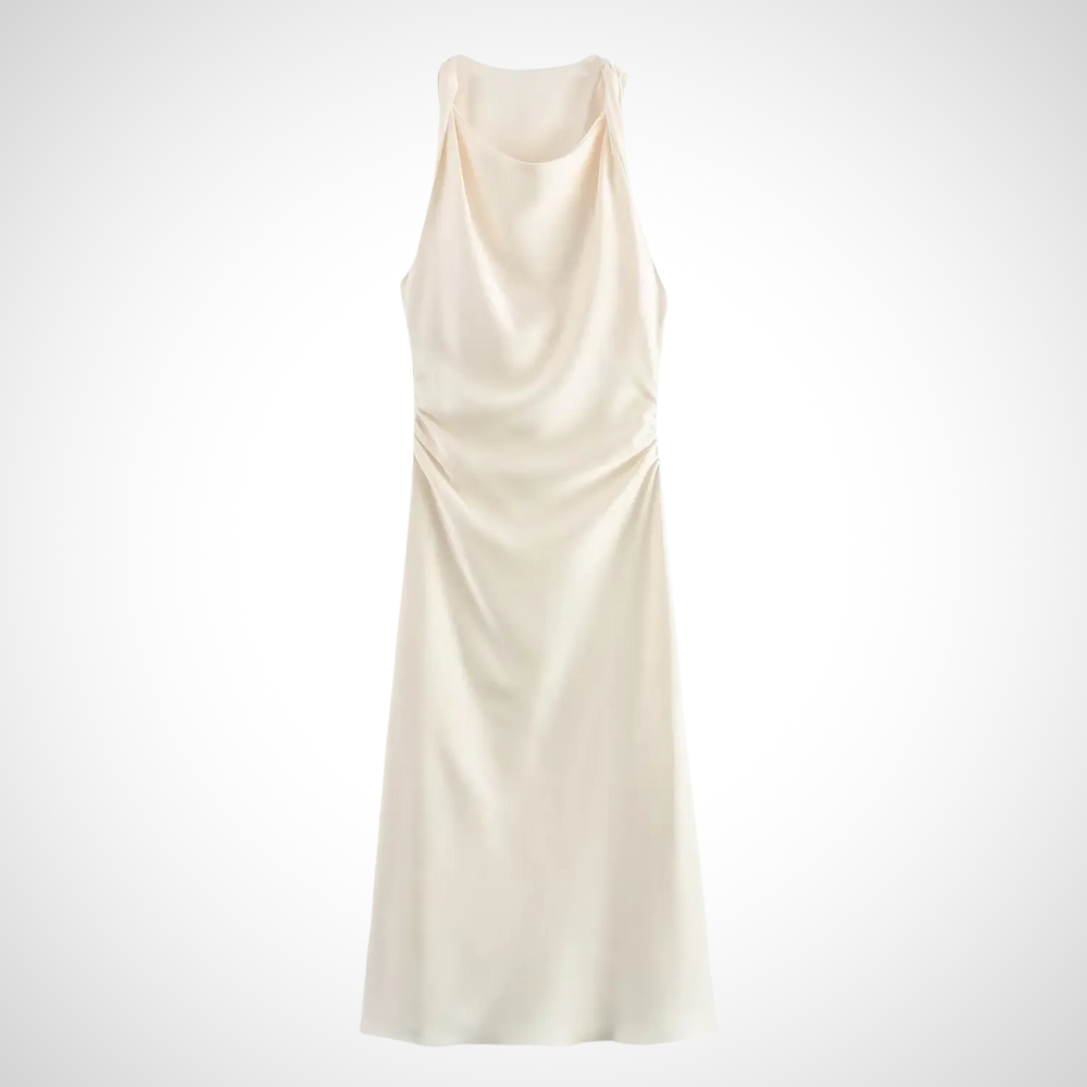 Elegantes Damen--Midikleid in Beige – Fließendes Satin-Midikleid mit dezenter Note