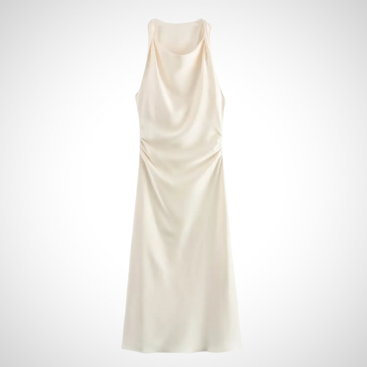 Elegantes Damen--Midikleid in Beige – Fließendes Satin-Midikleid mit dezenter Note
