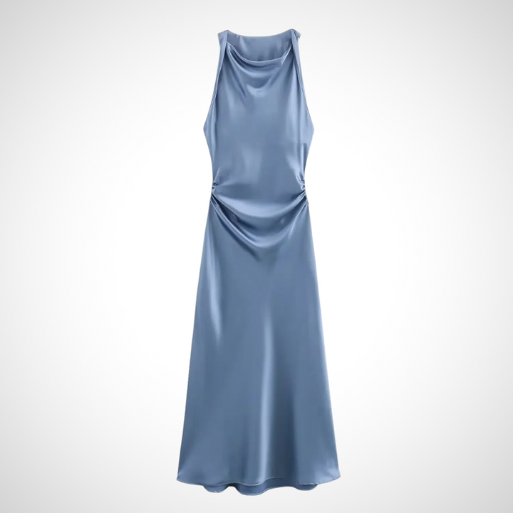 Stilvolles Damen--Midikleid in Blau – Satin-Midikleid mit weichem Glanz und lockerem Schnitt