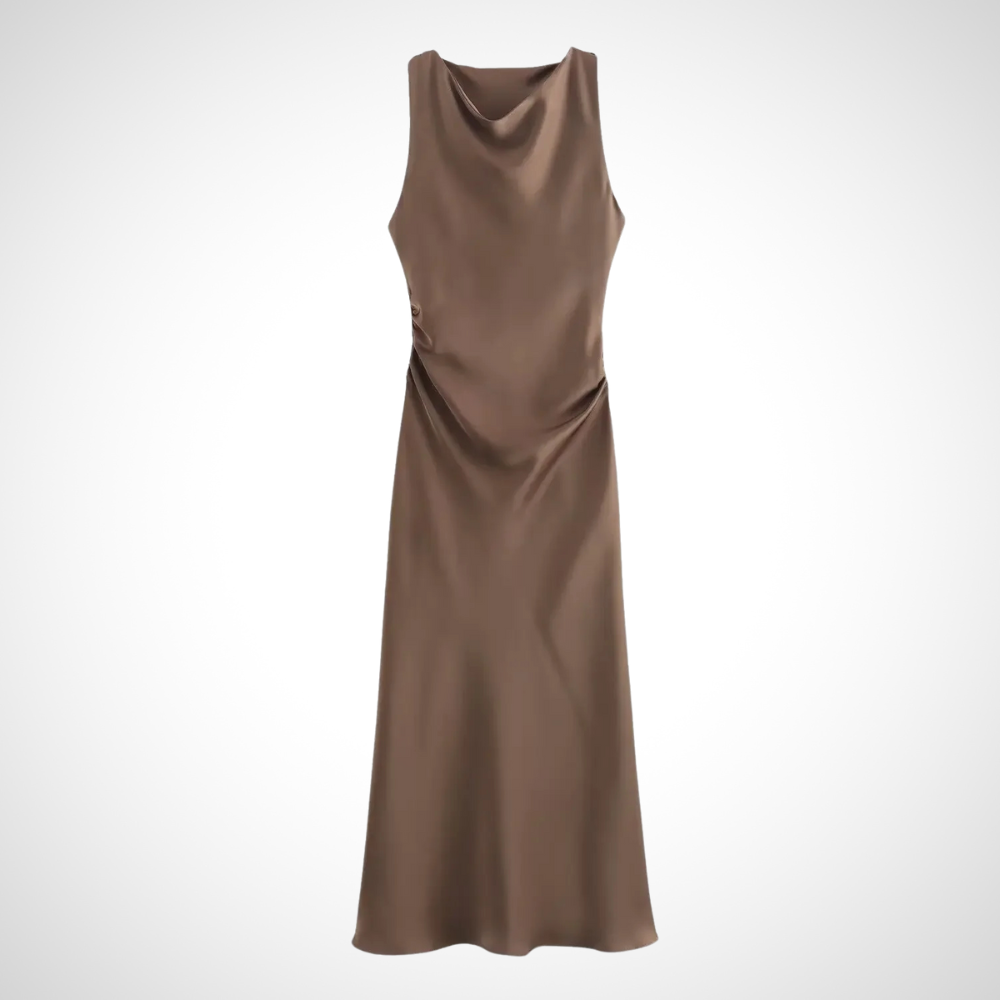 Edles Damen--Midikleid in Braun – Satin-Midikleid mit klassischem Look und elegantem Fall
