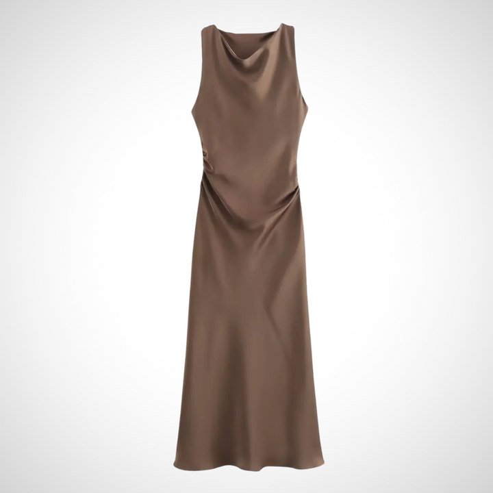 Edles Damen--Midikleid in Braun – Satin-Midikleid mit klassischem Look und elegantem Fall