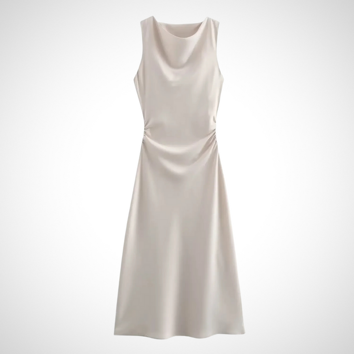 Damen--Midikleid in Hellkhaki – Zartes Satin-Midikleid mit schlichter Eleganz