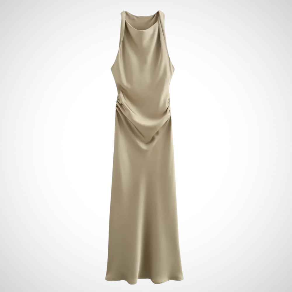 Stilvolles Damen--Midikleid in Khaki – Satin-Midikleid mit weicher Struktur und fließendem Schnitt