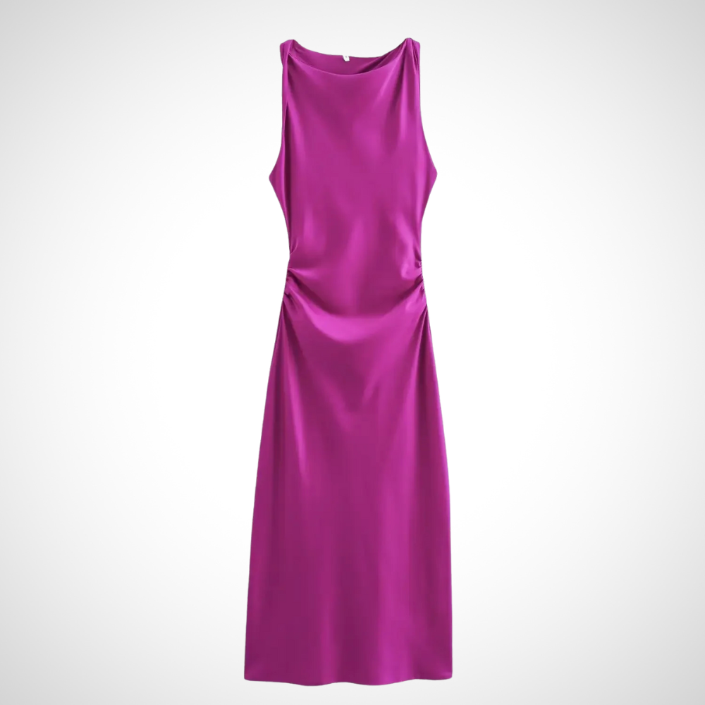 Auffälliges Damen--Midikleid in Lila – Ärmelloses Satin-Midikleid mit fließendem Satin-Look