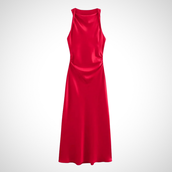 Elegantes Damen--Midikleid in Rot – Ärmelloses Satin-Midikleid mit drapiertem Ausschnitt und edlem Finish