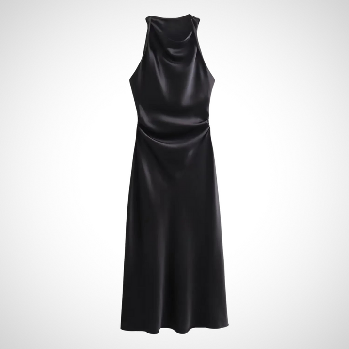 Klassisches Damen--Midikleid in Schwarz – Zeitloses Satin-Midikleid mit elegantem Glanz