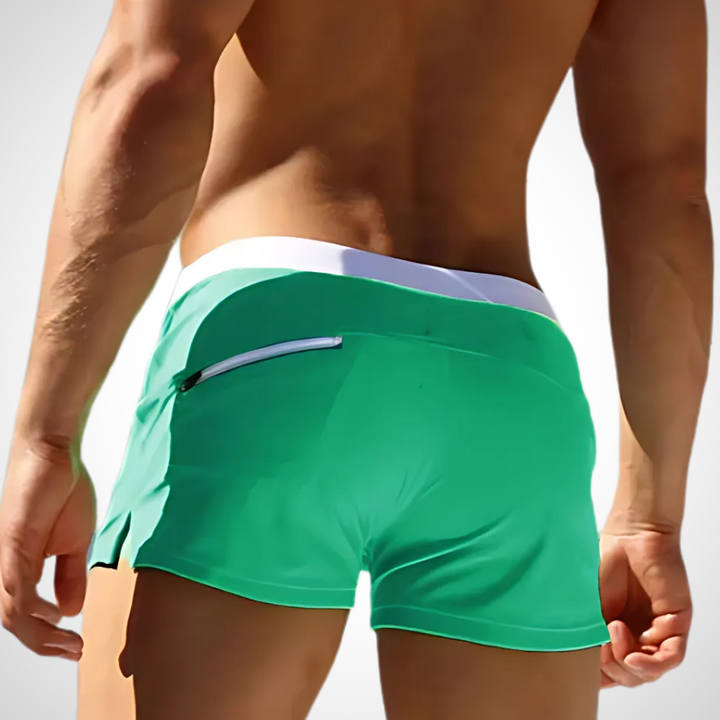 Grüne Herren-Badeshorts mit elastischem Bund als sportliche Trocknende Badeshorts mit aktivem Sitz