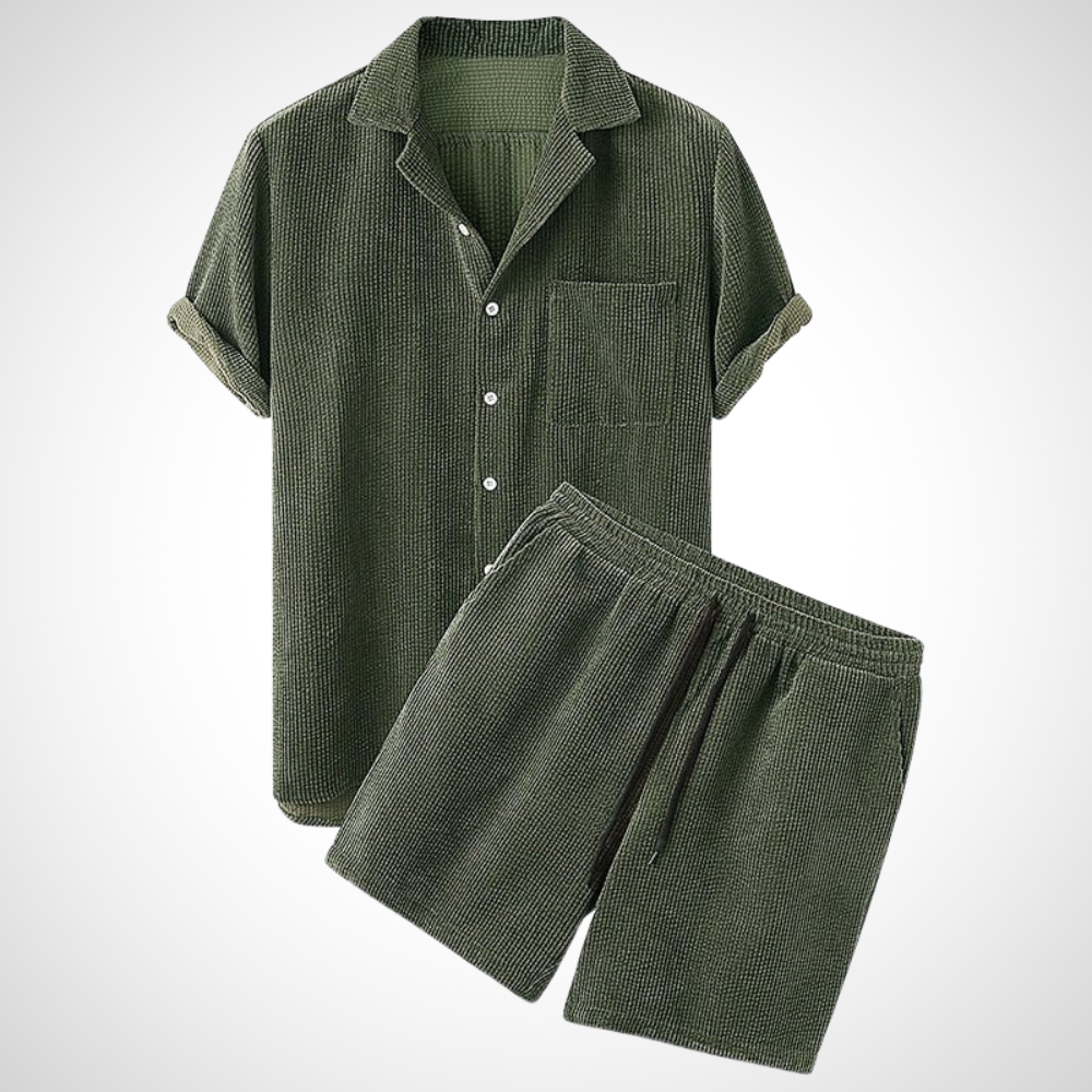Grünes Herrenset mit Knopfhemd und Hose stilvolles Retro Cordcord Zweiteiliges Set im Vintage-Stil