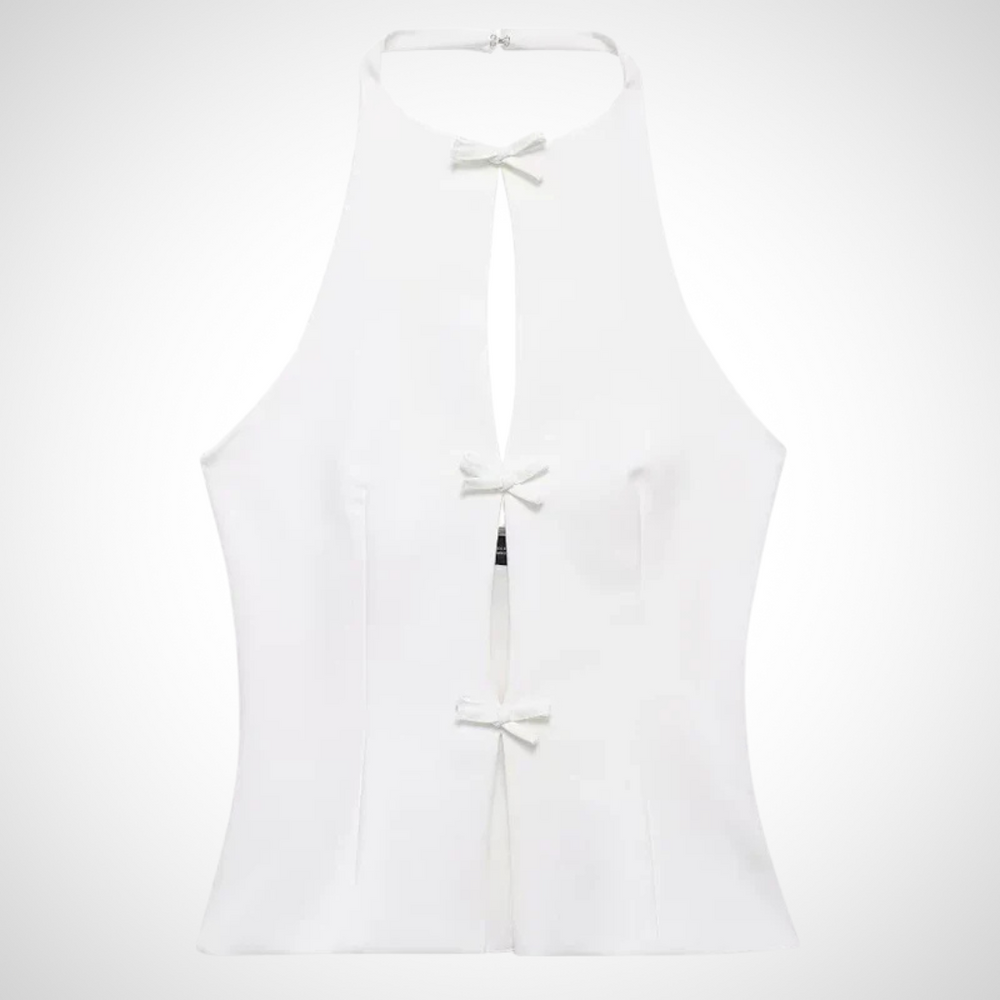Damentop mit verspielten Schleifendetails, einem luftigen Cut-Out-Design und leichtem, atmungsaktivem Material in Weiß
