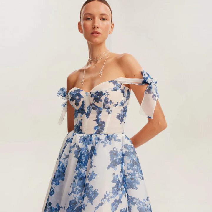 Heliane vestito midi in organza blu delicato per donna